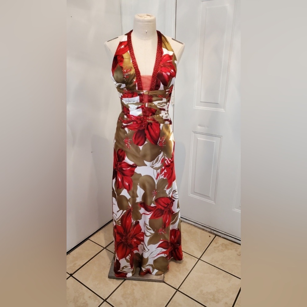 Red silk floral gown,